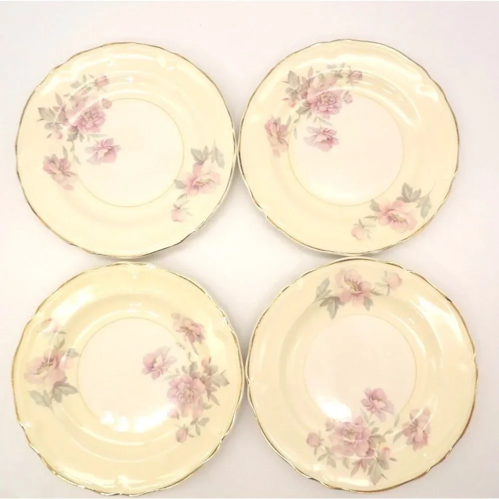 Edwin M Knowles Bread Plate Set/4 Pink Roses Semi Vitreous 45-3 USA Vintage